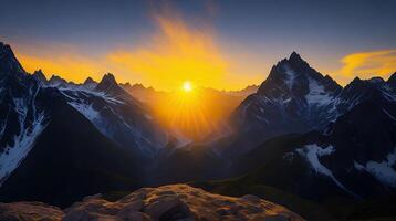 hermosa puesta de sol en el montañas. panorama de el Cáucaso montañas. ai generativo foto