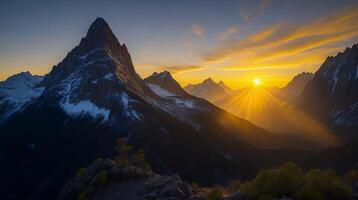 hermosa puesta de sol en el montañas. panorama de el montañas ai generativo foto