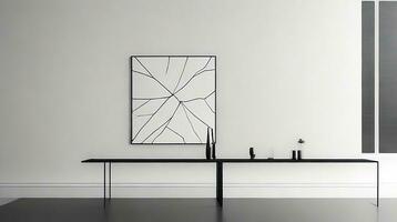 minimalista vivo habitación interior con blanco paredes, hormigón piso, negro sofá y redondo café mesa. 3d representación burlarse de arriba ai generativo foto