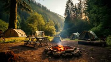 campground with cozy campfire in the campsite in the forest, outdoor recreation concept generative ai photo