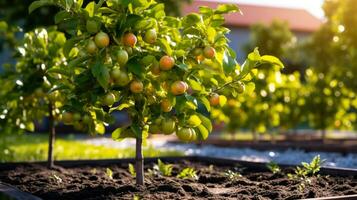 enano manzana arboles en el verde verano jardín generativo ai foto