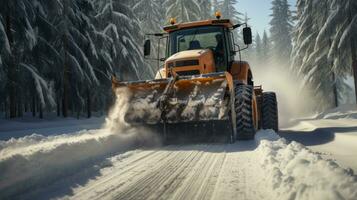 winter snow removal on the road with an excavator generative ai photo