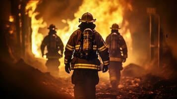 bomberos Vamos a un ardiente casa a poner fuera un fuego generativo ai foto