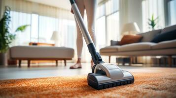 limpieza el casa con un vacío limpiador desde polvo generativo ai foto