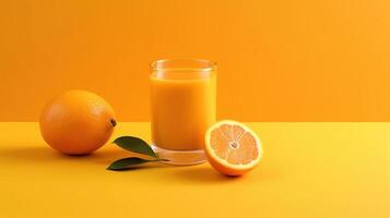 Creative layout made from fresh orange fruit and a glass of orange juice on a pastel orange background. Generative Ai photo