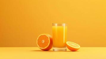 Creative layout made from fresh orange fruit and a glass of orange juice on a pastel orange background. Generative Ai photo