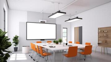 conference room or meeting room with a screen on the wall. photo