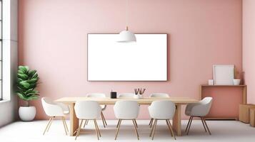 A mockup for a single frame tv white screen, Soft pink wall, office meeting room. photo