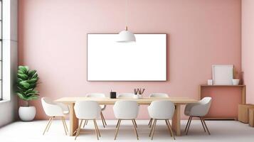 A mockup for a single frame tv  white screen, Soft pink wall, office meeting room. Generative Ai photo