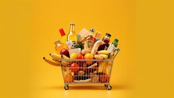 Supermarket basket with foods right position on yellow background. Generative Ai photo