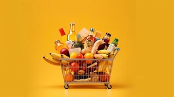 Supermarket basket with foods right position on yellow background. photo