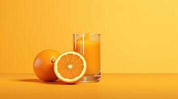 Creative layout made from fresh orange fruit and a glass of orange juice on a pastel orange background. photo