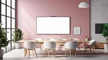 A mockup for a single frame tv white screen, Soft pink wall, office meeting room. photo