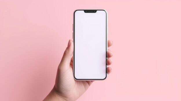 mujer utilizando inteligente teléfono en rosado fondo.. generativo ai foto