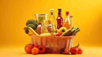 Supermarket basket with foods right position on yellow background. Generative Ai photo