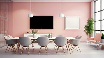 A mockup for a single frame tv  white screen, Soft pink wall, office meeting room. Generative Ai photo