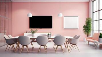 A mockup for a single frame tv white screen, Soft pink wall, office meeting room. photo