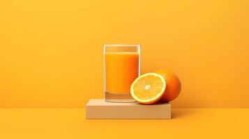 Creative layout made from fresh orange fruit and a glass of orange juice on a pastel orange background. Generative Ai photo