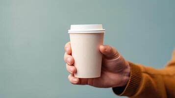 a person holding a coffee cup in their hand close up. photo