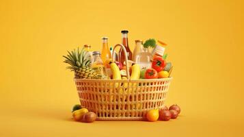 Supermarket basket with foods right position on yellow background. Generative Ai photo