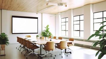 conference room or meeting room with a screen on the wall. photo