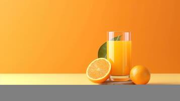 Creative layout made from fresh orange fruit and a glass of orange juice on a pastel orange background. Generative Ai photo