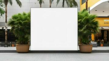 Public shopping center mall or business center advertisement board space as empty blank white mockup signboard with copy space area. Generative Ai photo
