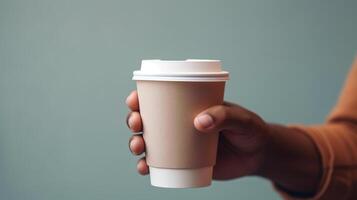 a person holding a coffee cup in their hand close up. photo