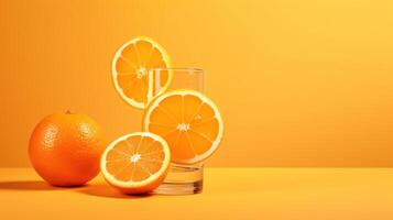 Creative layout made from fresh orange fruit and a glass of orange juice on a pastel orange background. photo