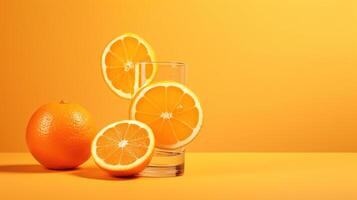 Creative layout made from fresh orange fruit and a glass of orange juice on a pastel orange background. Generative Ai photo