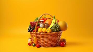 Supermarket basket with foods right position on yellow background. Generative Ai photo