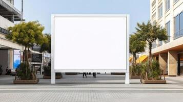 Public shopping center mall or business center advertisement board space as empty blank white mockup signboard with copy space area. Generative Ai photo