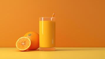 creativo diseño hecho desde Fresco naranja Fruta y un vaso de naranja jugo en un pastel naranja antecedentes. generativo ai foto