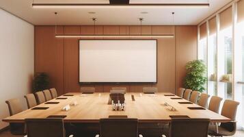 conference room or meeting room with a screen on the wall. photo