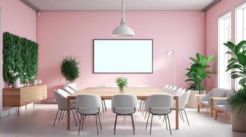 A mockup for a single frame tv white screen, Soft pink wall, office meeting room. photo