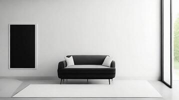 Minimalistic living room interior with white walls, concrete floor, black sofa and round coffee table. 3d rendering mock up photo