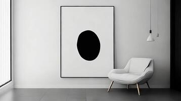 Minimalistic living room interior with white walls, concrete floor, black sofa and round coffee table. 3d rendering mock up photo