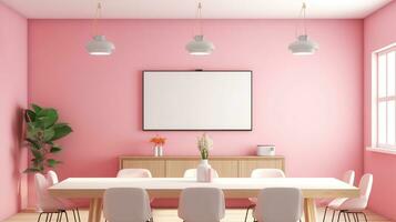 A mockup for a single frame tv  white screen, Soft pink wall, office meeting room. Generative Ai photo