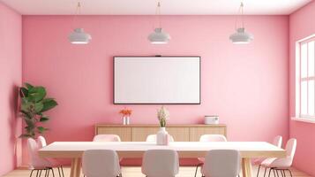 A mockup for a single frame tv white screen, Soft pink wall, office meeting room. photo