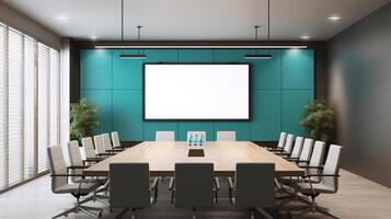 conference room or meeting room with a screen on the wall. photo