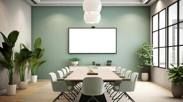 A mockup for a single frame tv white screen, Soft green wall, office meeting room. photo