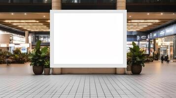 Public shopping center mall or business center advertisement board space as empty blank white mockup signboard with copy space area. Generative Ai photo