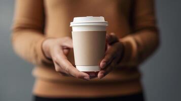 a person holding a coffee cup in their hand close up. photo