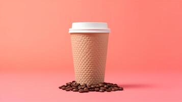 coffee cup at the top of coffee beans on pastel background. photo