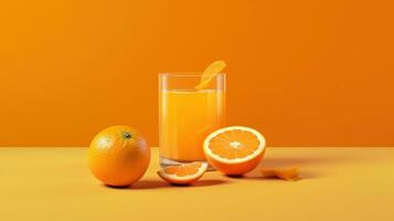 Creative layout made from fresh orange fruit and a glass of orange juice on a pastel orange background. Generative Ai photo