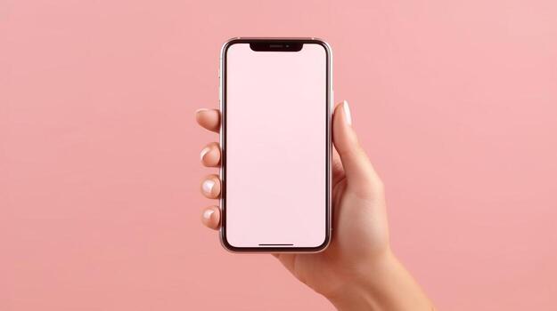 mujer utilizando inteligente teléfono en rosado fondo.. generativo ai foto