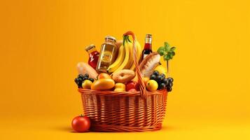 Supermarket basket with foods right position on yellow background. Generative Ai photo