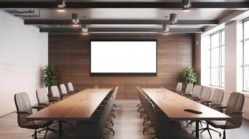 conference room or meeting room with a screen on the wall. photo