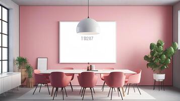 A mockup for a single frame tv white screen, Soft pink wall, office meeting room. photo