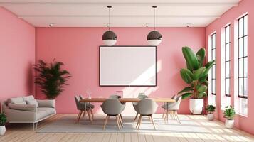 A mockup for a single frame tv white screen, Soft pink wall, office meeting room. photo